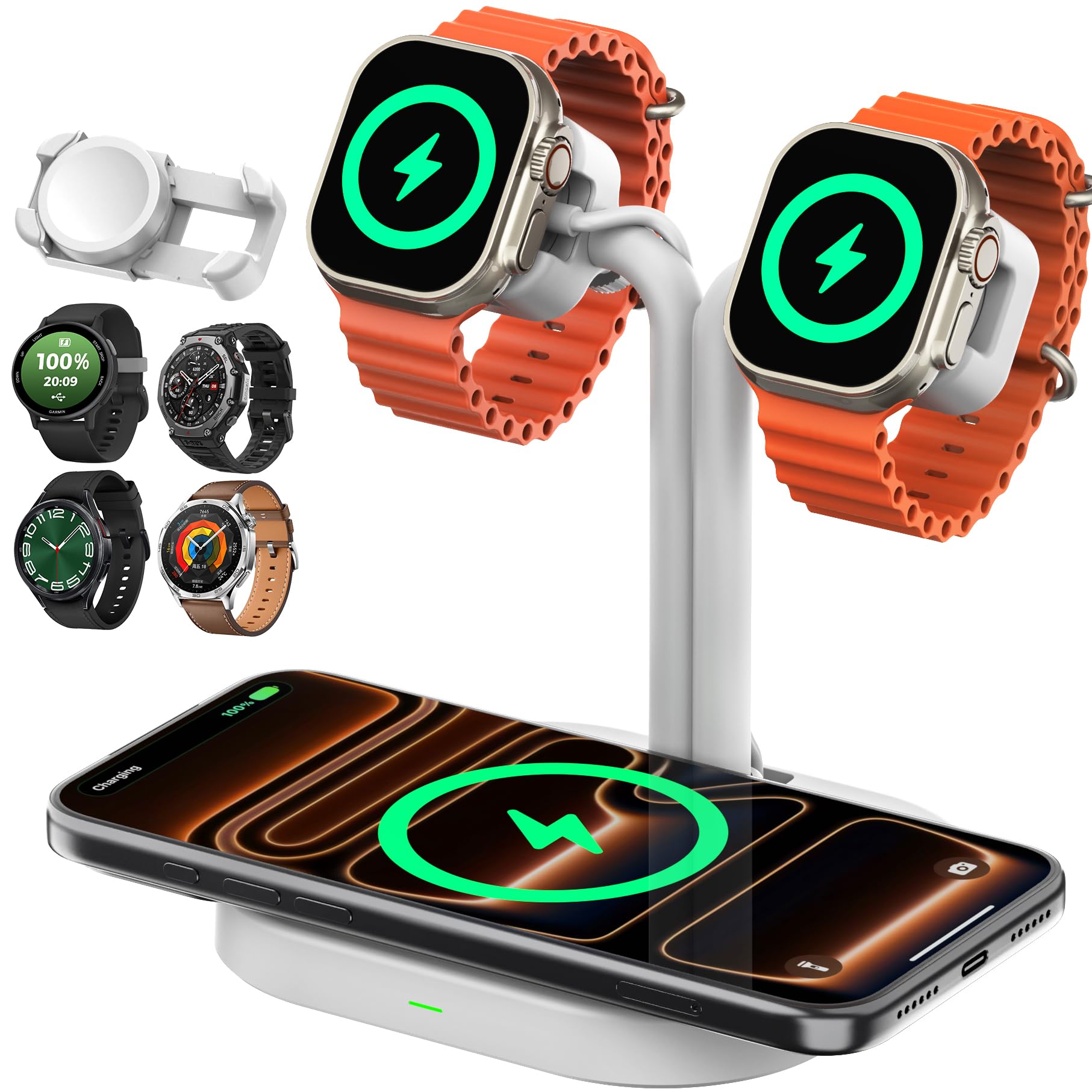 Caricatore universale per orologio doppio 3 in 1, stazione di ricarica wireless intelligente regolabile per Samsung/Google/Amazfit/Fitpolo/GRV/AGPTEK/Fire-Boltt (A22SW-bianco)