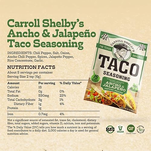 Miniatura 3 de Carroll Shelby's Original Texas Brand Ancho & Jalapeño Taco Seasoning  Mezcla audaz de calor medio y sabor para tacos y carnes (paquete de 12)