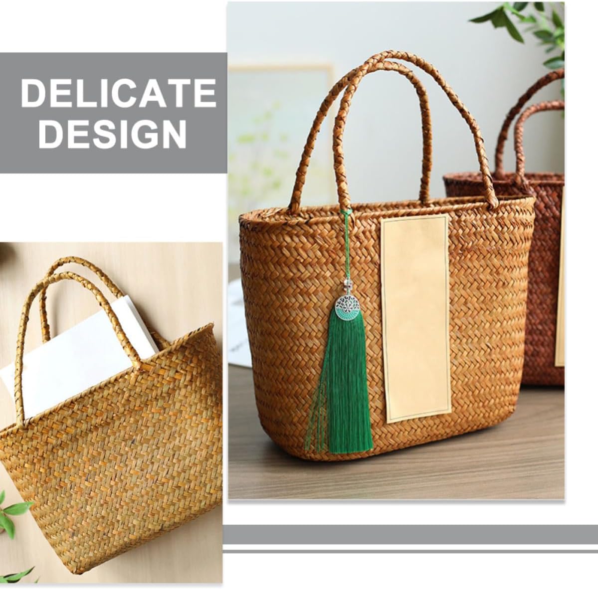 Woven Basket Hand Woven Tote Bag with Handle Straw for Fruits image 3