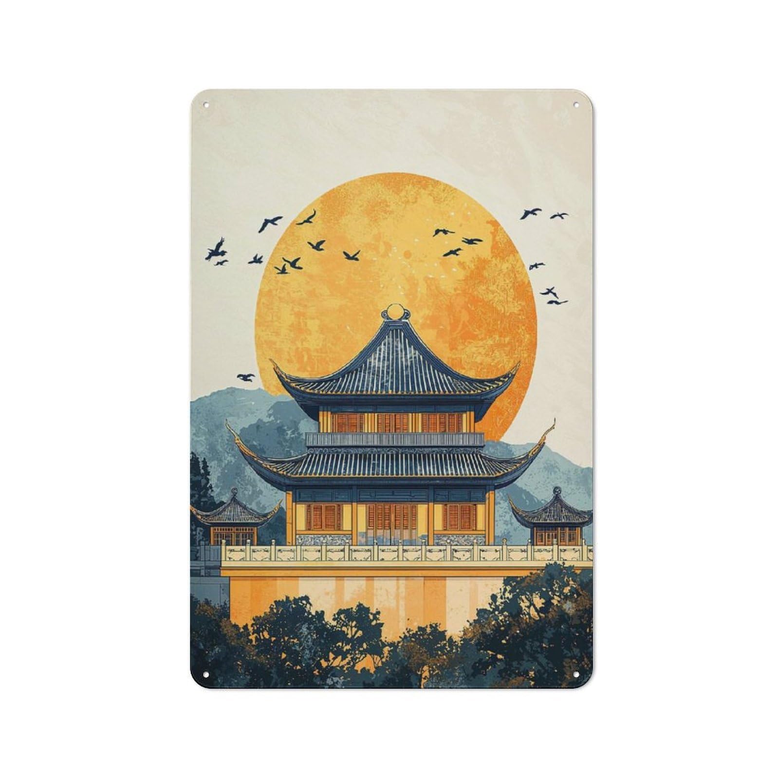 Junmoney Chinese Temple Sunset Rustic Tin Wall Plaque 30X20cm For Kitchen Or Home Bar, A Winter Wall Decor Update For Kitchen Decor Lovers