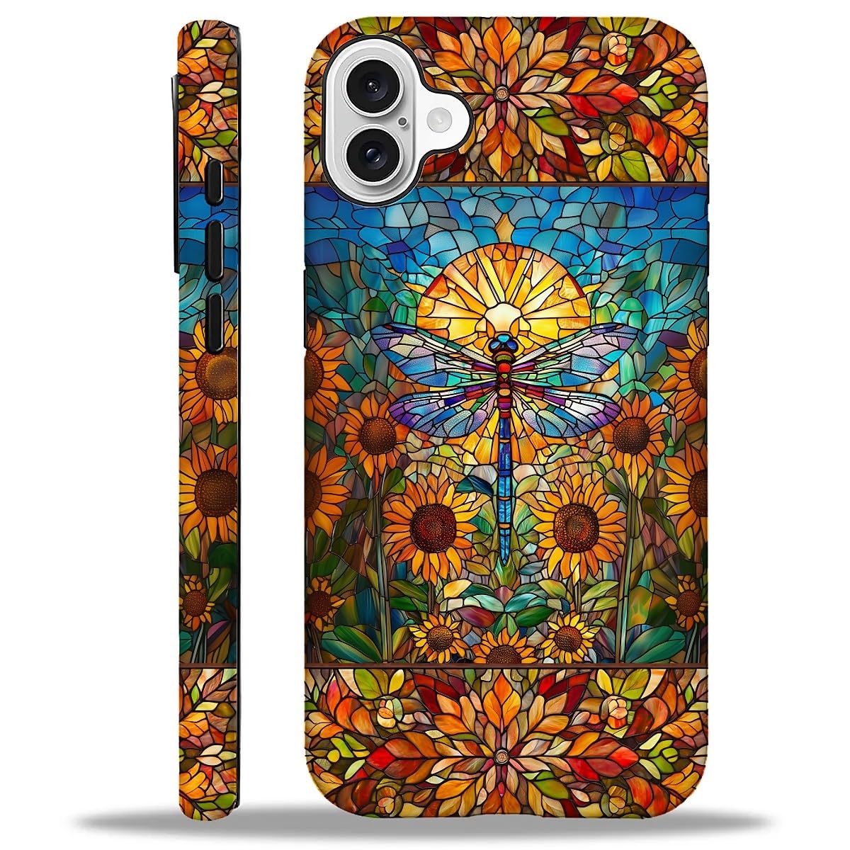 ZHEGAILIAN Compatible iPhone 16 Plus Case, Stained Glass Pattern Dragonfly Sunflower, 2 in 1 Silicone Hard PC, Durable Shock-Proof
