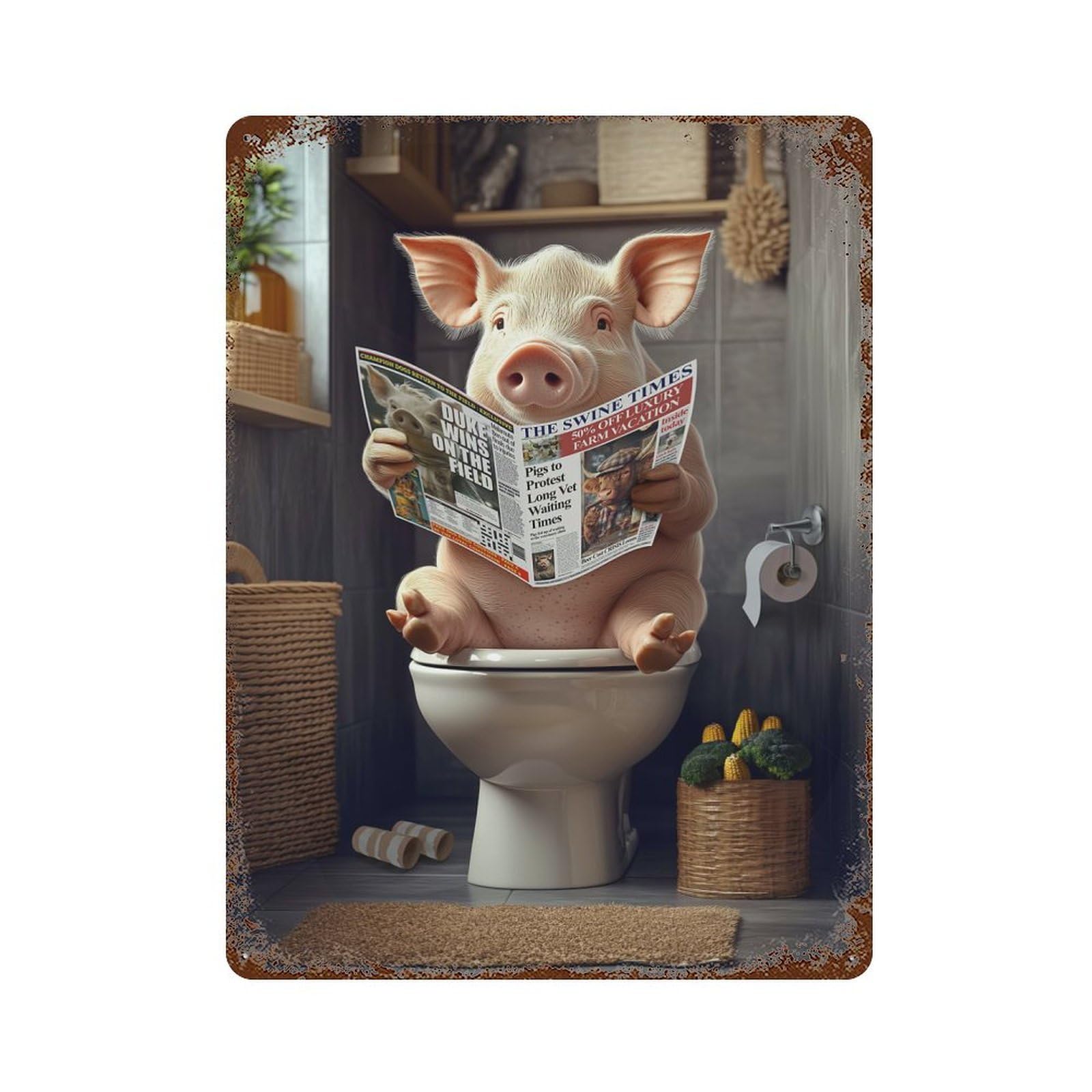 Rusty Metal Tin Sign with Pig Reading Newspaper on Toilet Design 15.7"x11.8", for Garage, Bar And Workshop Decor, Decorative Metal Wall Art
