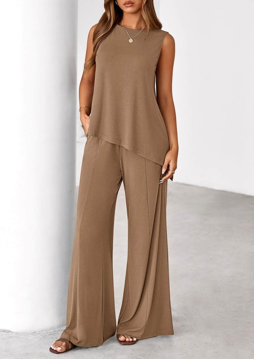 PRETTYGARDEN Women's 2026 Two Piece Matching Lounge Sets Asymmetrical Split Tank Tops Wide Leg Pants Summer Outfits Tracksuit - Image 4