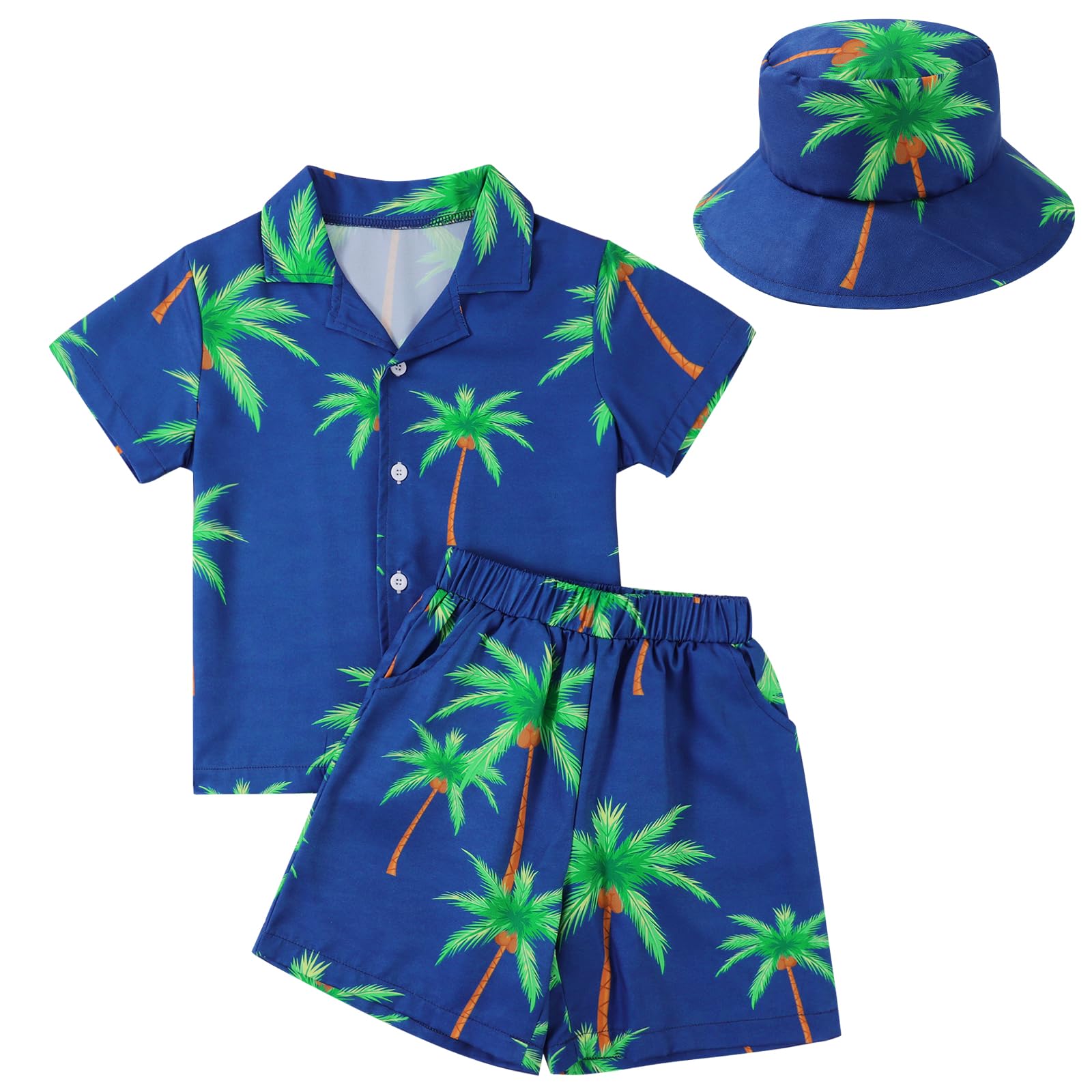 Hotfiary Completo hawaiano per bambini, set da 3 pezzi con pantaloncini con stampa tropicale, magliette e cappello, set estivo casual con risvolto, top e pantaloni a maniche corte, vestiti per 5-14