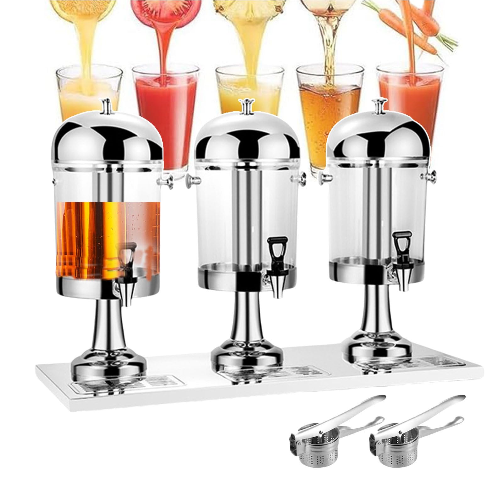 HCZKIUJY 24L Cold Beverage Dispenser, Commercial Drink Juice Dispensers, Stainless Steel Drink Machine Beverage Fruit Juicer for Milk, Water, Flower Tea - 3 Bucket,Silver (Silver)