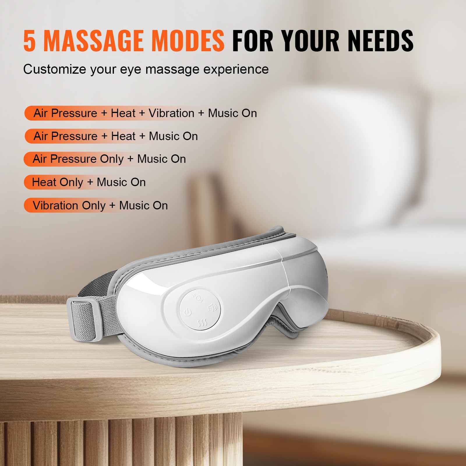 VEVOR Masajeador de Ojos Plegable con Calor y Control Remoto, con 5 Modos y Música Bluetooth, 180° para Fatiga Visual, Ojos Secos, Ojeras, Regalo Ideal para Mamá/Papá, Blanco, 208 x 40 x 99 mm
