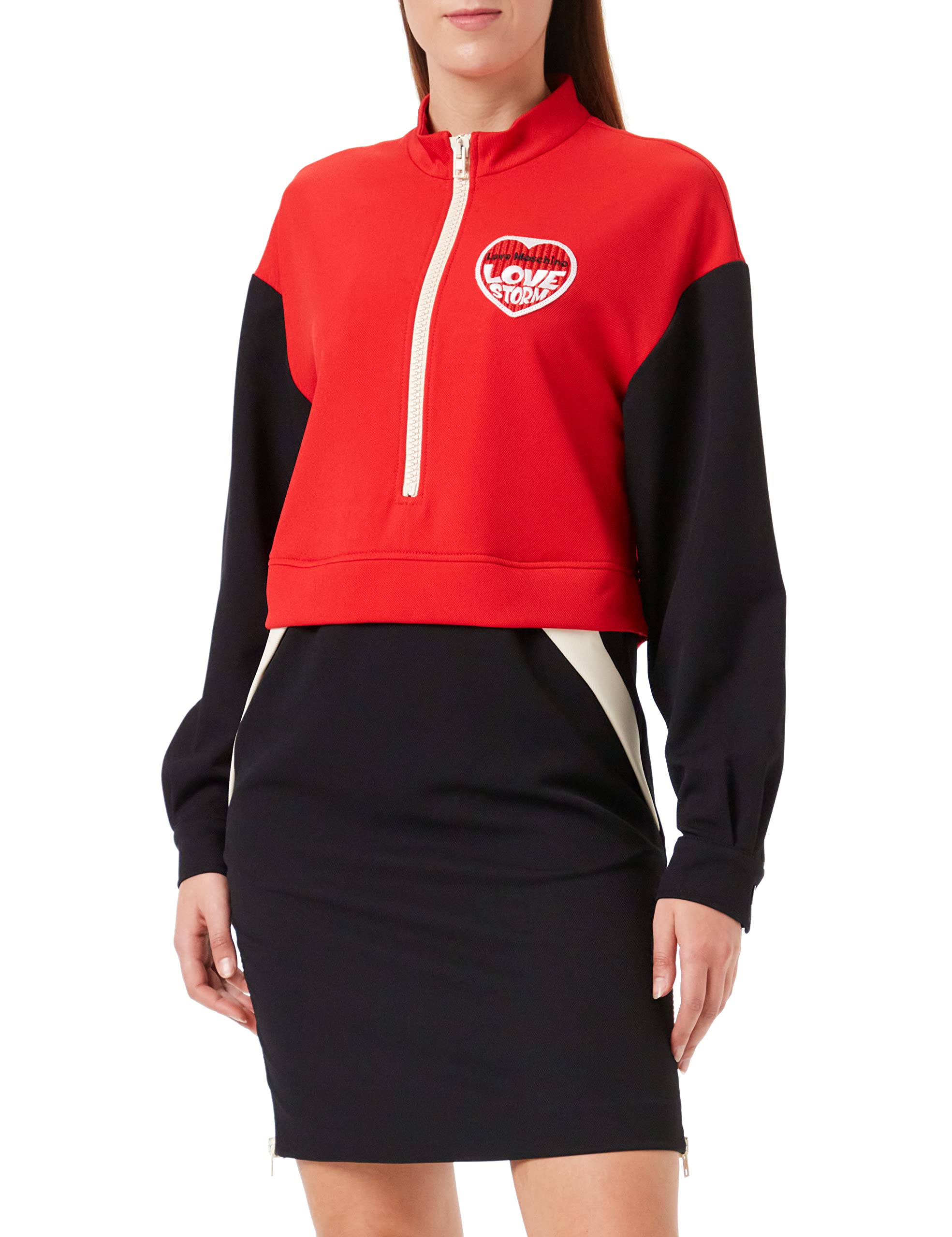 Love Moschino Damen Long-Sleeved Comfort Fit with Contrast Colour Inserts - Zippers On The Sides Andlove Storm Knit Effect Heart Patch Dress, Black Beige Red, 46 EU