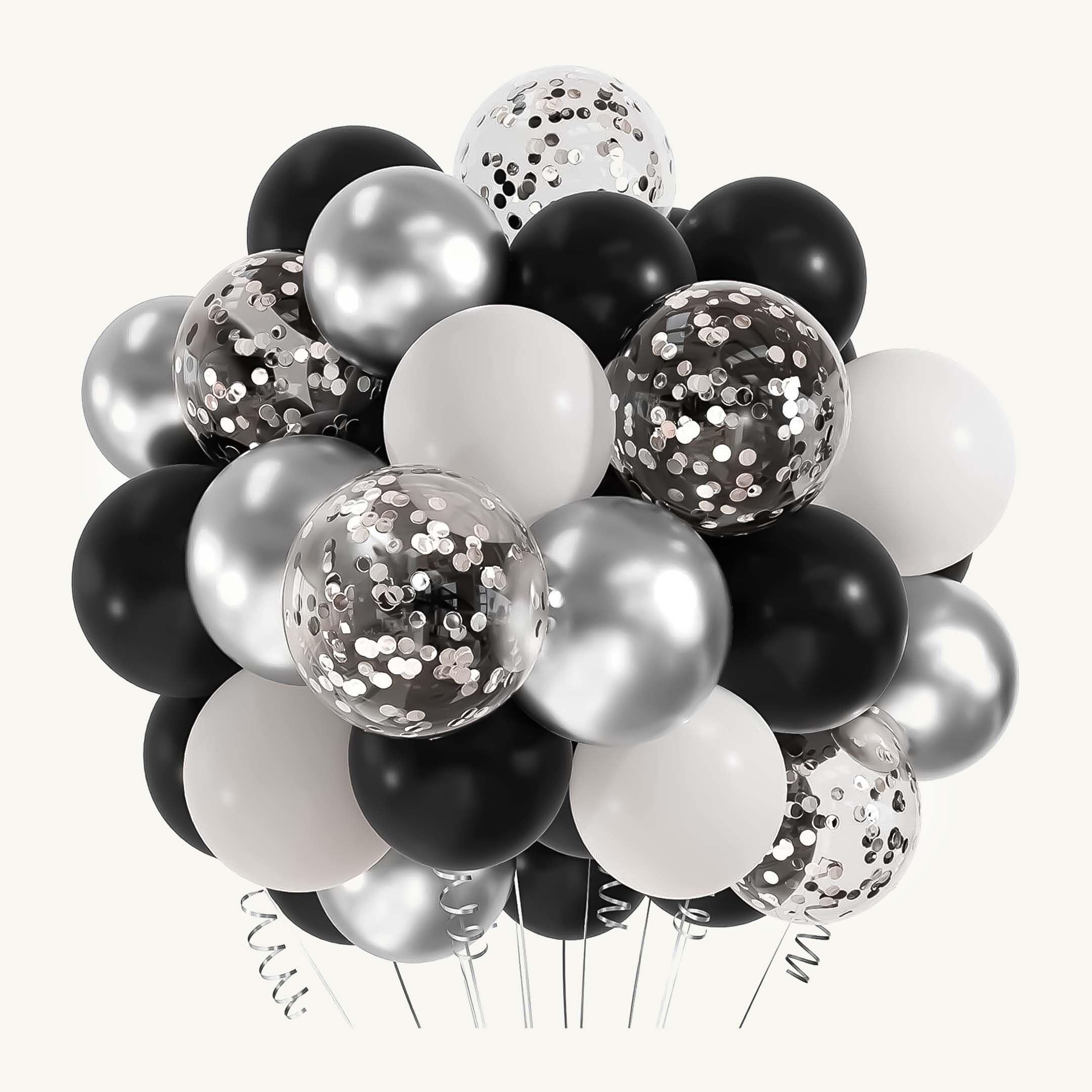 SpecialYou 50pcs Birthday balloons for decoration with Black balloon, White balloons and Silver Chrome/confetti balloons for Bride to be, Anniversary, Wedding, Party decoration for boys & Girls.-image-46