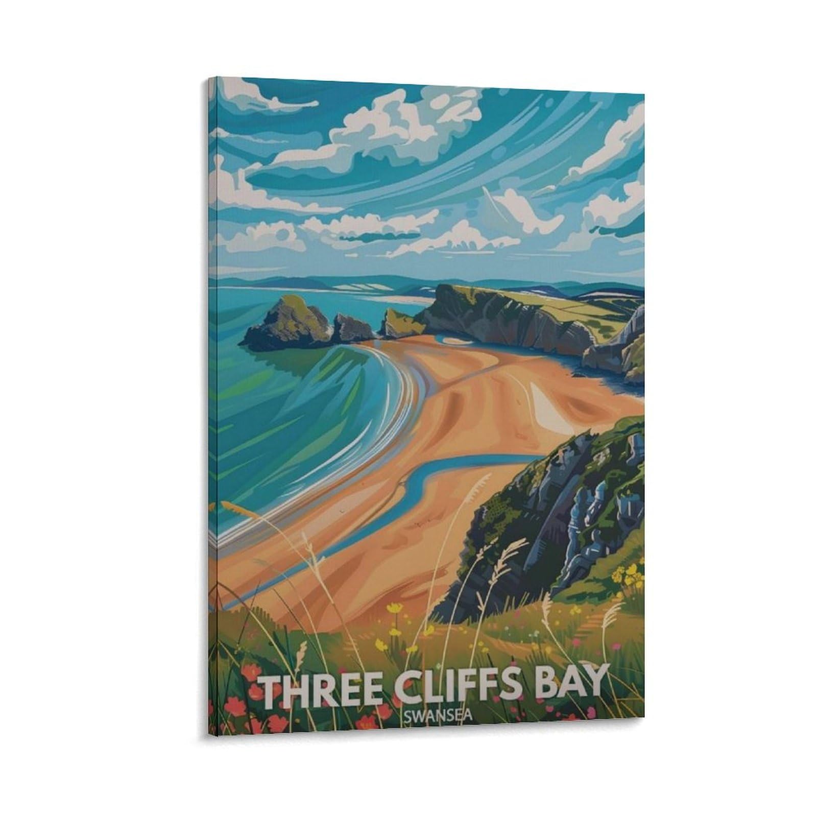 Gqvcjsw Three Cliffs Bay Poster, Swansea Travel Canvas Poster Bedroom Decor Landscape Office Room Decor Gift 20X30inch(50X75cm)