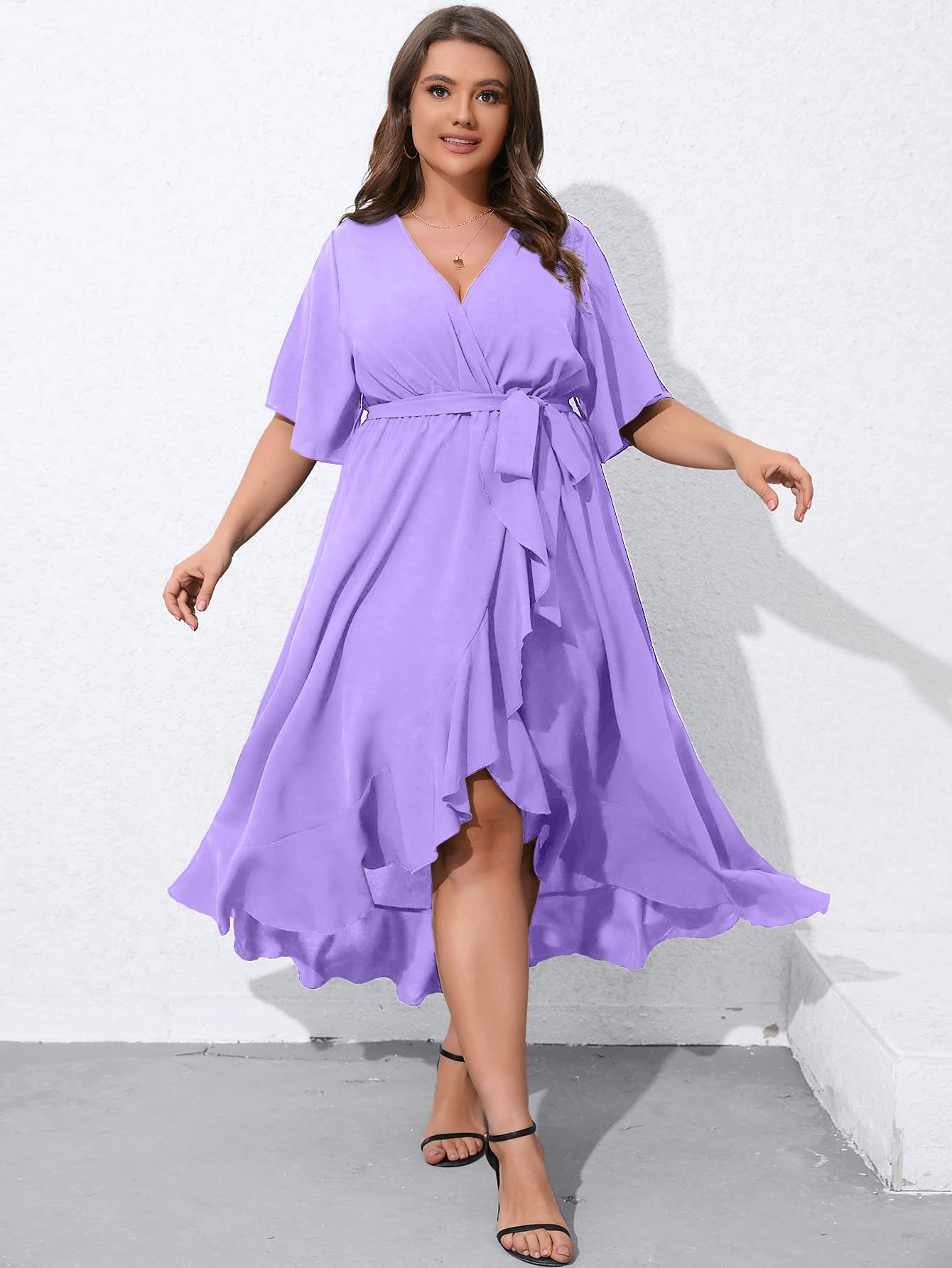 Snapklik.com : Women Plus Size Cocktail Dress Summer Short Sleeve Wrap V  Neck Belted Maxi Dress Ruffle Wedding Guest Semi Formal Lavender Long Dress  2XL