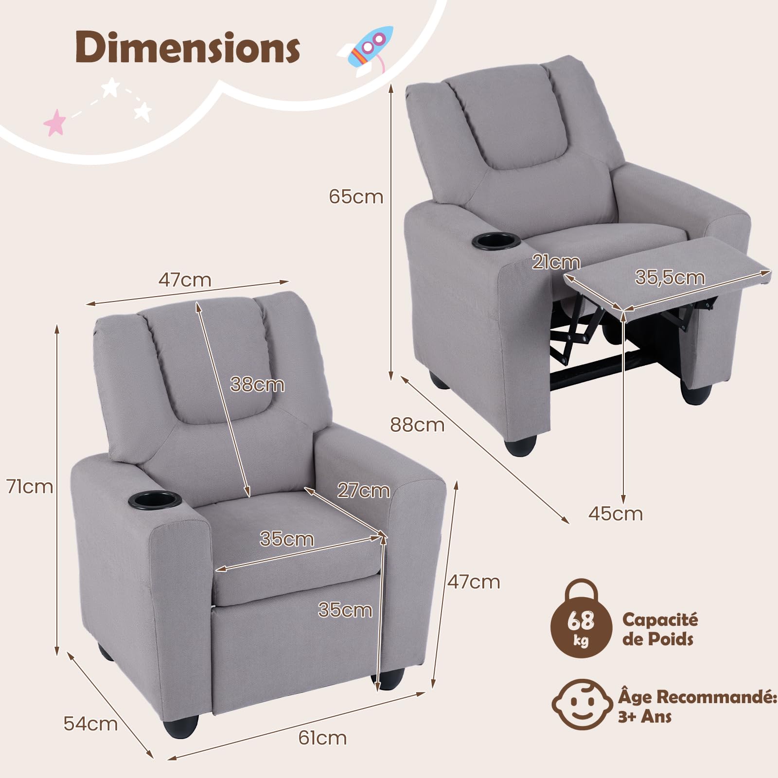 GOPLUS Fauteuil de Ralaxation Inclinable pour Enfant, Chaise de Détente Ergonomique avec Porte-gobelet, Dossier et Repose-Pieds Réglables, Surface en PU, Fauteuil Enfant 3+ Ans (Gris)