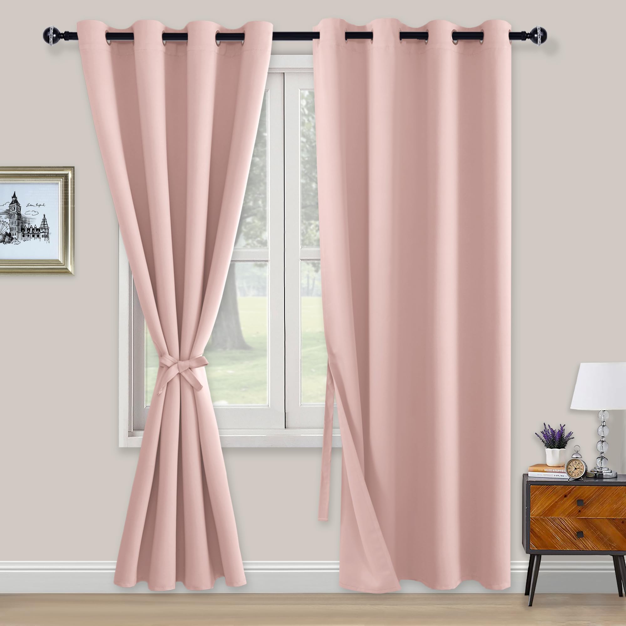 XWZO Blackout Curtains Shades Window Curtain Panels with Tiebacks- Noise Reduction and Thermal Insulated Eyelet Curtains for Bedroom,Living Room,Office,Study Room Pink W52xL84