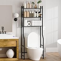 3-Tier Over Toilet Storage Shelf - Space-Saving Black Metal Bathroom Organizer with 4 Hooks, Freestanding Rack