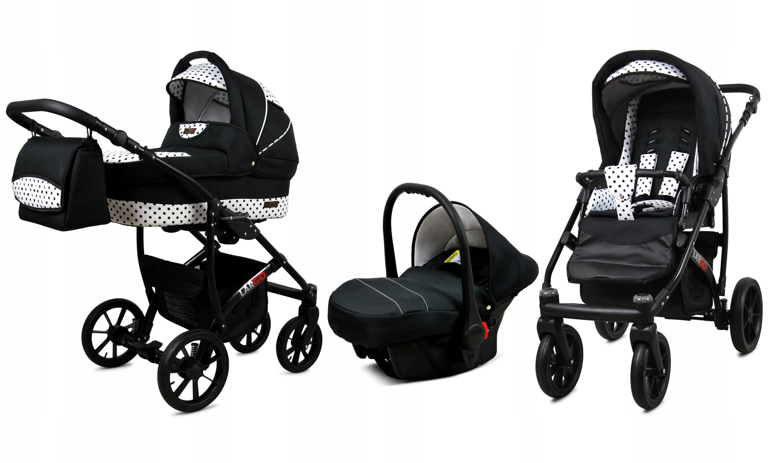 BabyLux Zestaw wózków dziecięcych 3 w 1 – Largo – w zestawie wanienka dla niemowląt, fotelik sportowy, fotelik samochodowy – zestaw wózków dziecięcych z torbą do przewijania, osłoną przeciwdeszczową