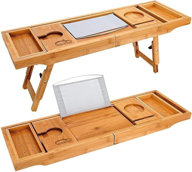 TILEMALL Bathtub Caddy & Laptop Bed Desk - 2 in 1, Bath Tray Built-in Stand for Books or Tablets, Bathtub Holder and Organizer with Smartphone and Wine Glass Holder, Tablet Holder