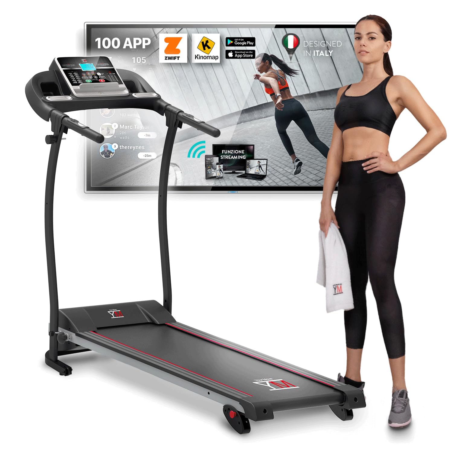 YM TAP100APP Tapis Roulant Elettrico Pieghevole, Marchio di Qualità ITALIANO, 12 km/h App KINOMAP & ZWIFT Video/Coach, Sensore Cardio Inclinazione Regolabile, 12 Programmi, 750W (1800W - 2,5HP Picco)