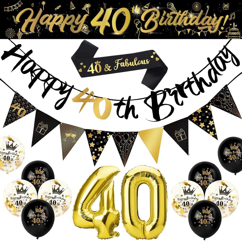 XECCUS 40th Birthday Decorations Kit, Black Gold Happy Banner, Triangle Flag Balloons, Confetti Strap, for Women Men 40 Party Supplies (DUTACK0010)