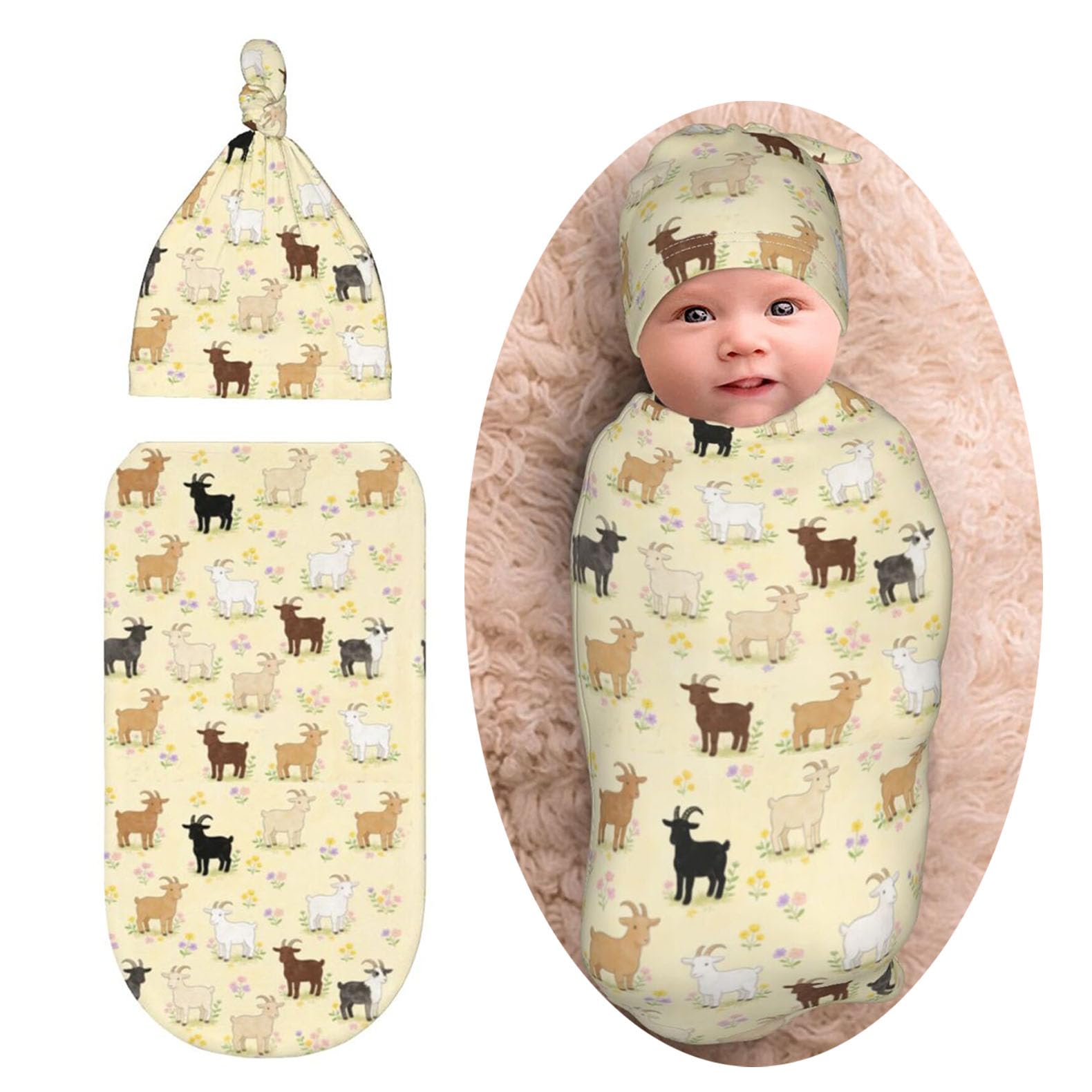 Goats Newborn Baby Swaddle Blanket Baby Stuff,with Beanie hat Sets, Soft Gifts for Unisex Boys Girls Shower Infant