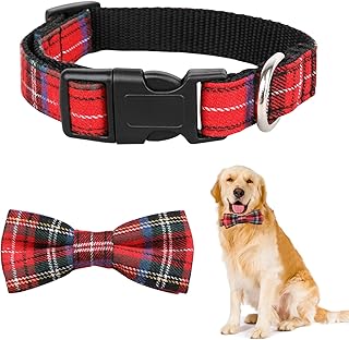 Imikoko Dog Collar with Bowtie, Soft Cotton Pet Collar with Buckle & D Ring, Breakway Strong Durable Adjustable Quick Release Plaid Dog Collar with Detachable Bow Tie for Small Medium Large Dogs Cats