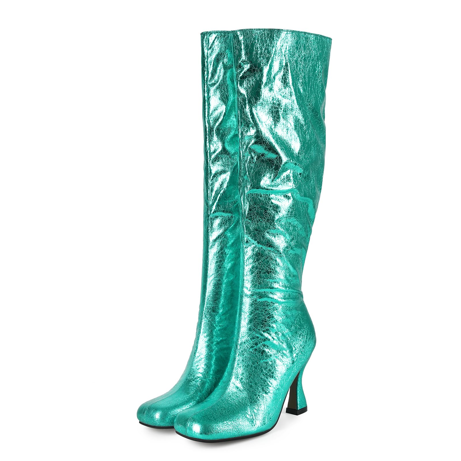 Womens Knee High Boots Square Toe Platform Chunky Block Heel Boots for Women High Heel Side Zipper Womens