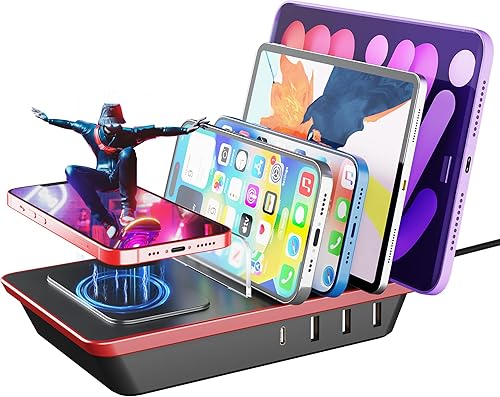 Estación de carga para múltiples dispositivos, estación de carga de 4 puertos de 85 W con potentes puertos USB C PD de 18 W, cargador inalámbrico QI