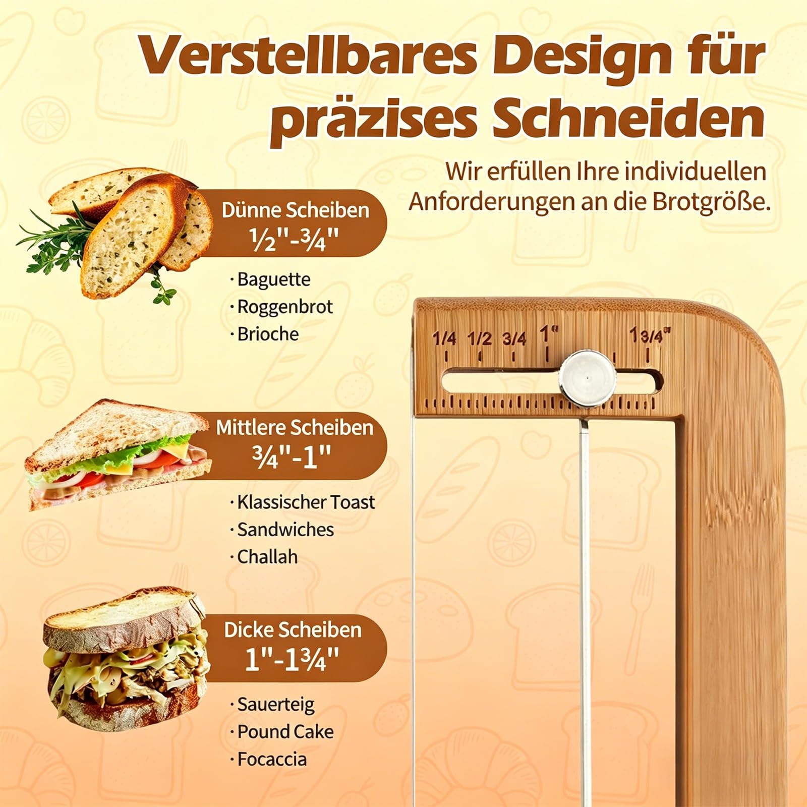 Cuchillo de pan ajustable, cortador manual con guía de grosor para pan casero, masa madre, bagels y baguettes – ideal para corte de precisión