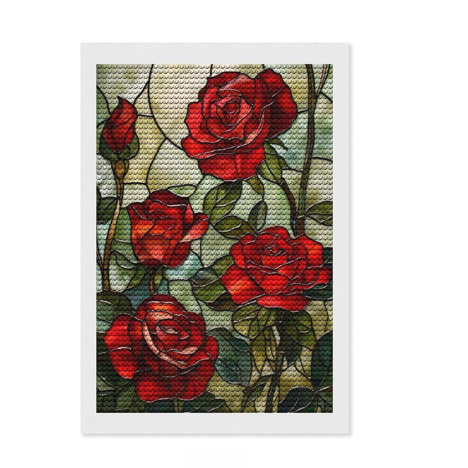 Junmoney Red Roses Stained Glass Diamond Painting Set 8"x12", for Craft Lovers, Complete Accessories, Birthday Gift, Bedroom Decor, with Tool Kit