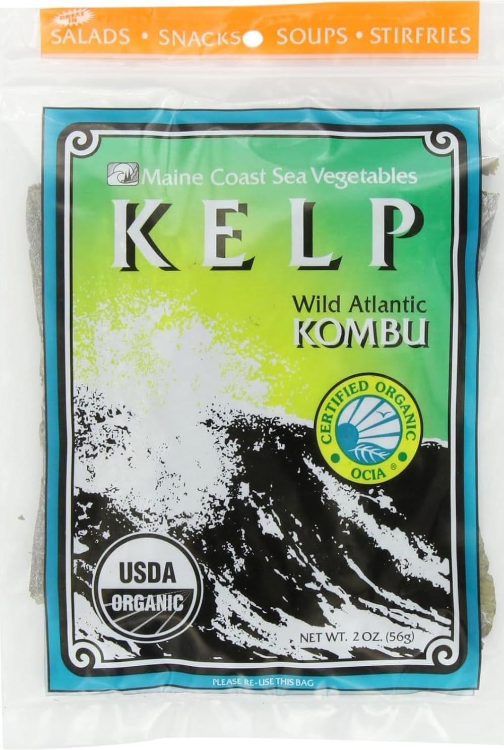 Maine Coast Sea Vegetables Kombu Sugar Kelp Leaf Bag | Organic Seaweed | Low Sodium Salt Alternative | Rich in Iodine | Ideal for Soups, Salads, Cooking | 2 Oz / 56 g (Pack of 1)