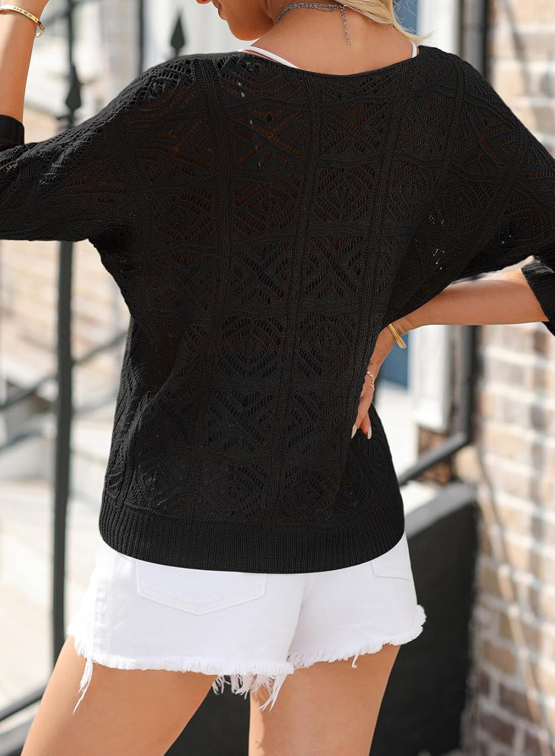 Sidefeel Women's 2025 Spring Summer Crochet Tops Off The Shoulder Hollow Out Knit Tops 3/4 Sleeve Pullover Sweater Cover Ups - Image 5