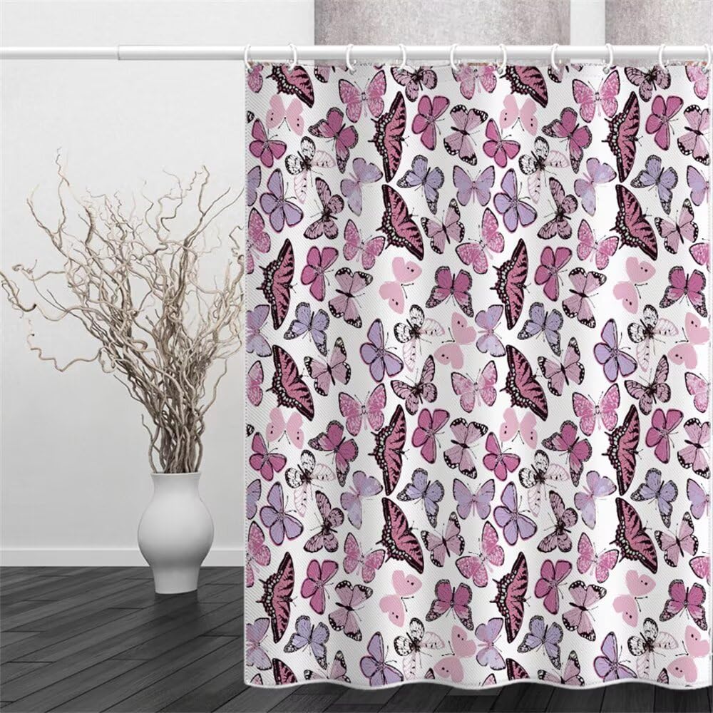 Shower Curtain Purple Butterflies Mould & Mildew Resistant Aesthetic Shower Curtains for Bathroom 180cm x 220cm Drop, Washable Waterproof Polyester Bath Curtain with Hooks 71 x 87 Inch (LB1881)