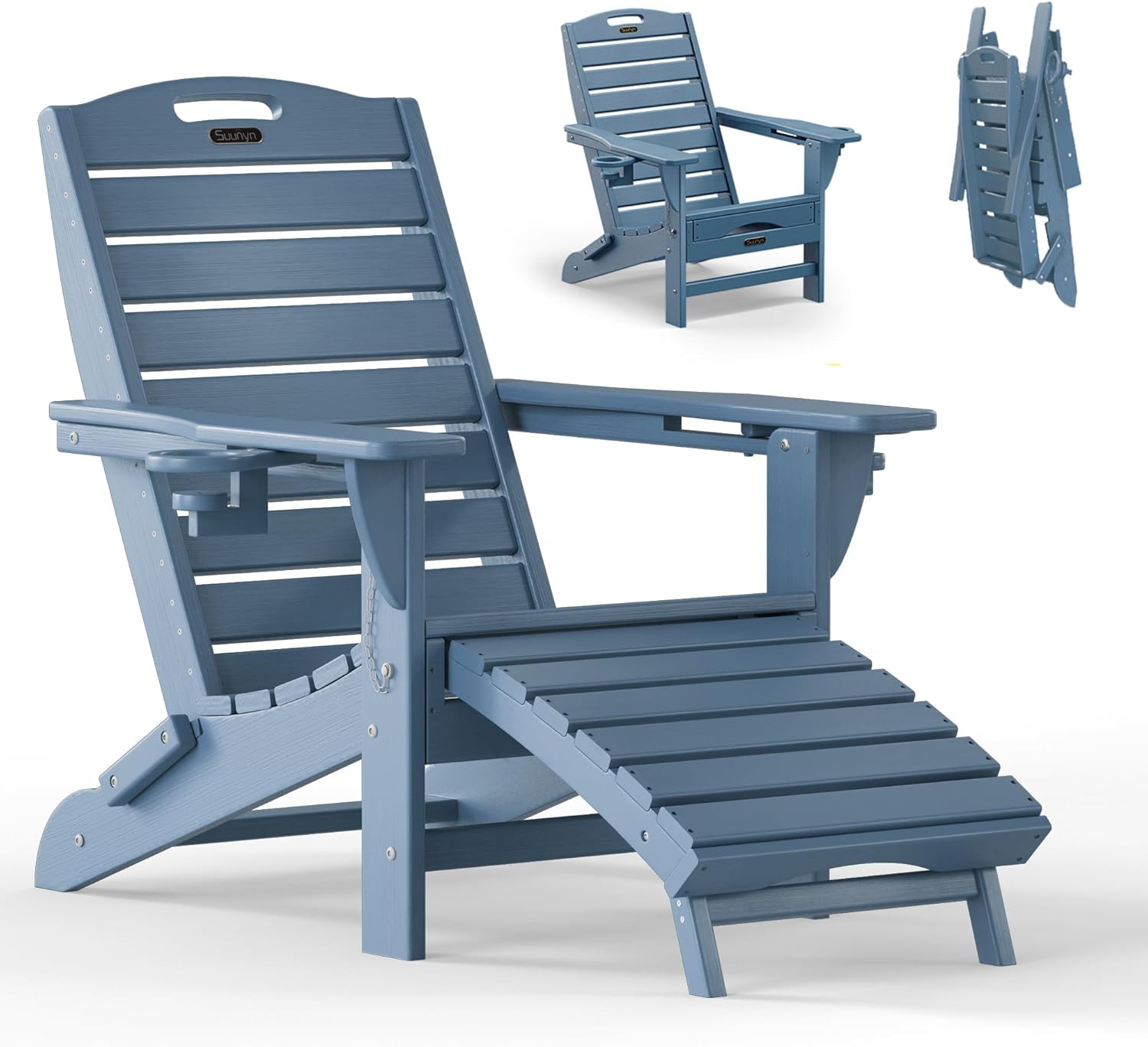 Suunyn Folding Adirondack Chair with Retractable Ottoman, HDPE Weather-Resistant Patio Lounge Chair, 2 Cup Holders, Navy Blue (300 lbs Capacity)