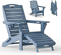 Suunyn Folding Adirondack Chair with Retractable Ottoman, HDPE Weather-Resistant Patio Lounge Chair, 2 Cup Holders, Navy Blue (300 lbs Capacity)