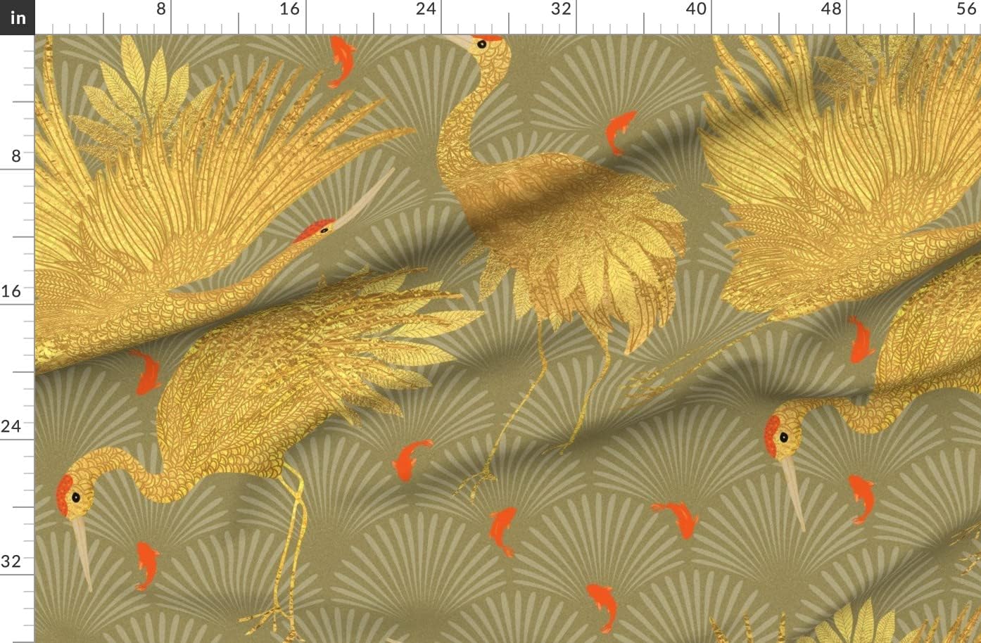 Spoonflower Fabric - Art Deco Crane 1920s Large Gold Grass Fish Nouveau Cranes Scallops Printed on Organic Cotton Sateen Fabric by The Yard - Sewing Quilting Apparel Home Decor