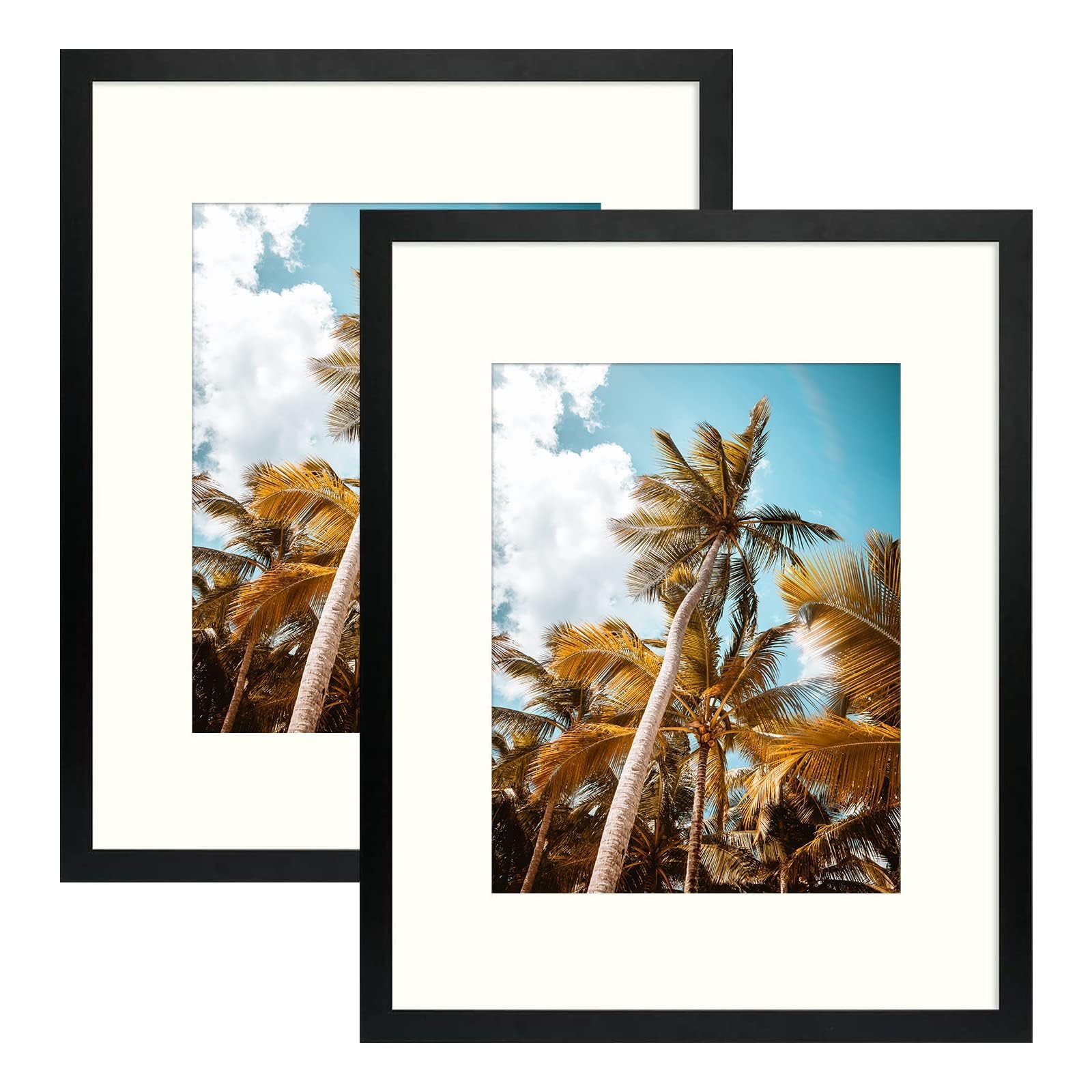 Frametory, 16x20 Picture Frame with Mat for 11x14 Photo - High Definition Glass Wide Molding - Preinstalled Wall Mounting Hardware (Black, 2 Pack)