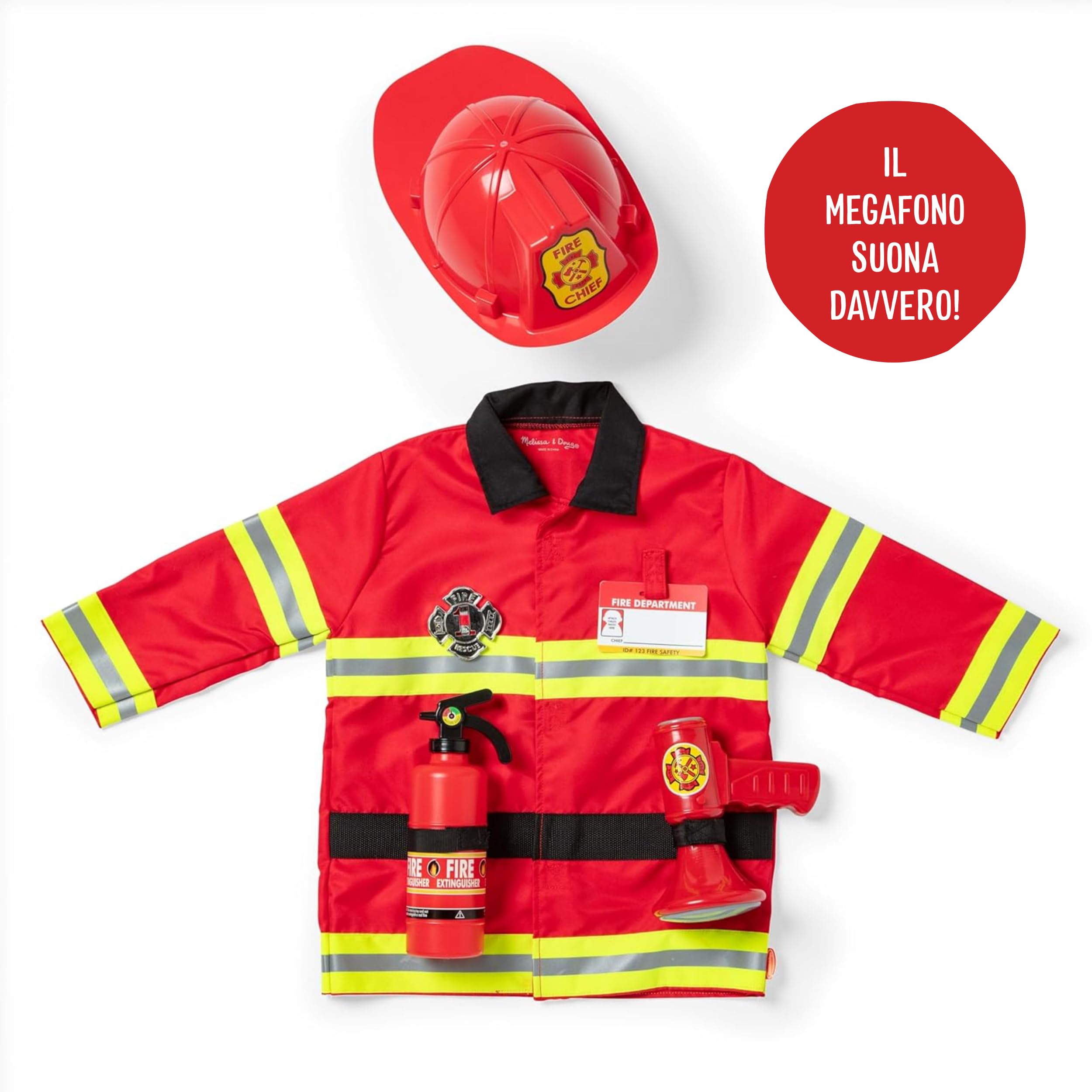 Melissa & Doug Costume da Pompiere - Gioco Vigile del Fuoco, Vestito Carnevale con Casco, Estintore, Ascia e Badge, Costumi di Halloween o Carnevale, Regalo per Bambini e Bambine, 3+ Anni