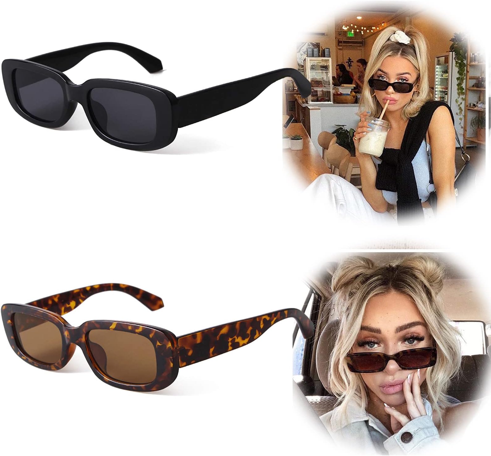 Sunglasses, Retro Rectangle Sunglasses Vintage Cool Small Square Sun Glasses UV Protection Glasse, 90S Vintage Fashion Y2K Aesthetic Narrow Square Frame Polarized Chunky Sunglasses for Women and Men