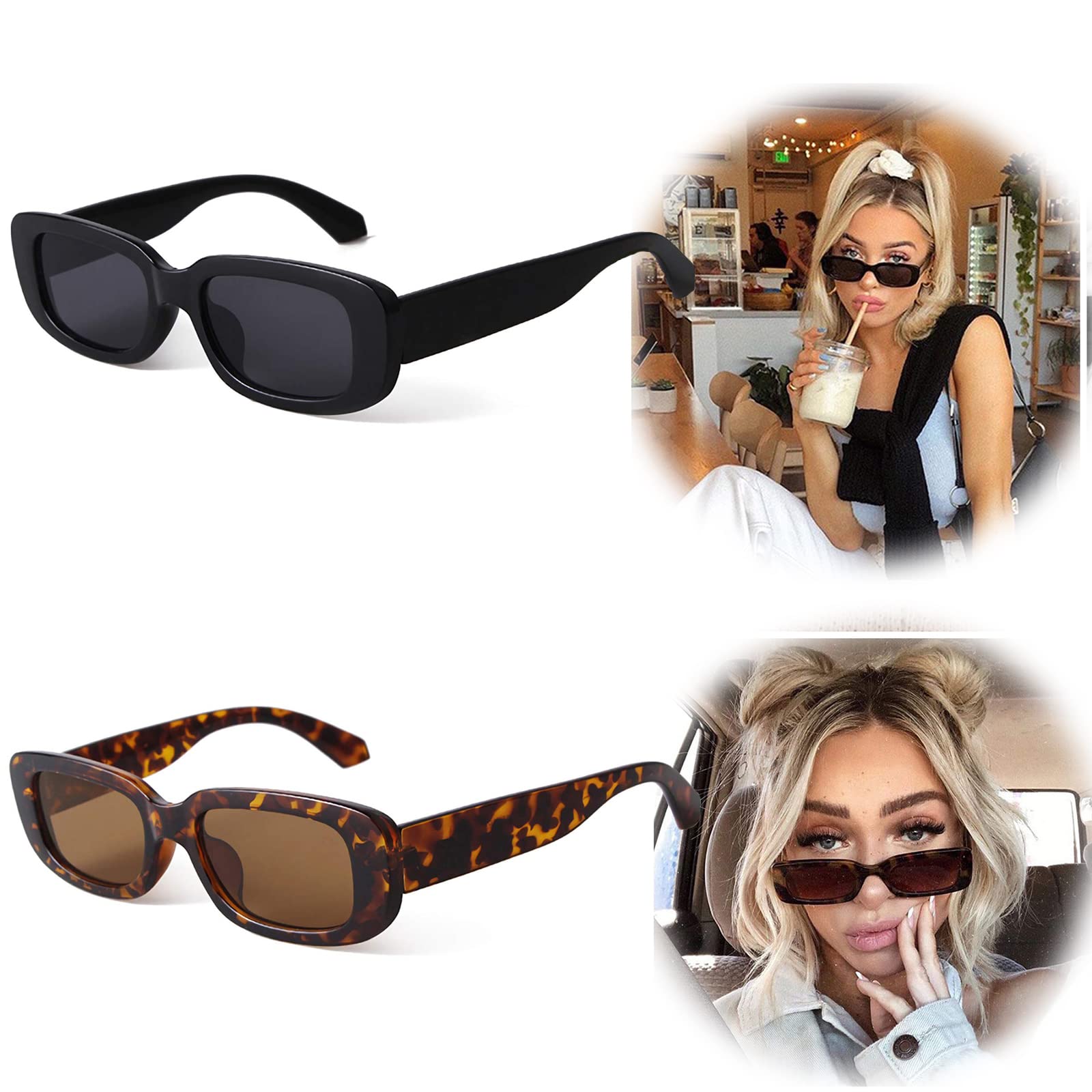 Sunglasses, Retro Rectangle Sunglasses Vintage Cool Small Square Sun Glasses UV Protection Glasse, 90S Vintage Fashion Y2K Aesthetic Narrow Square Frame Polarized Chunky Sunglasses for Women and Men