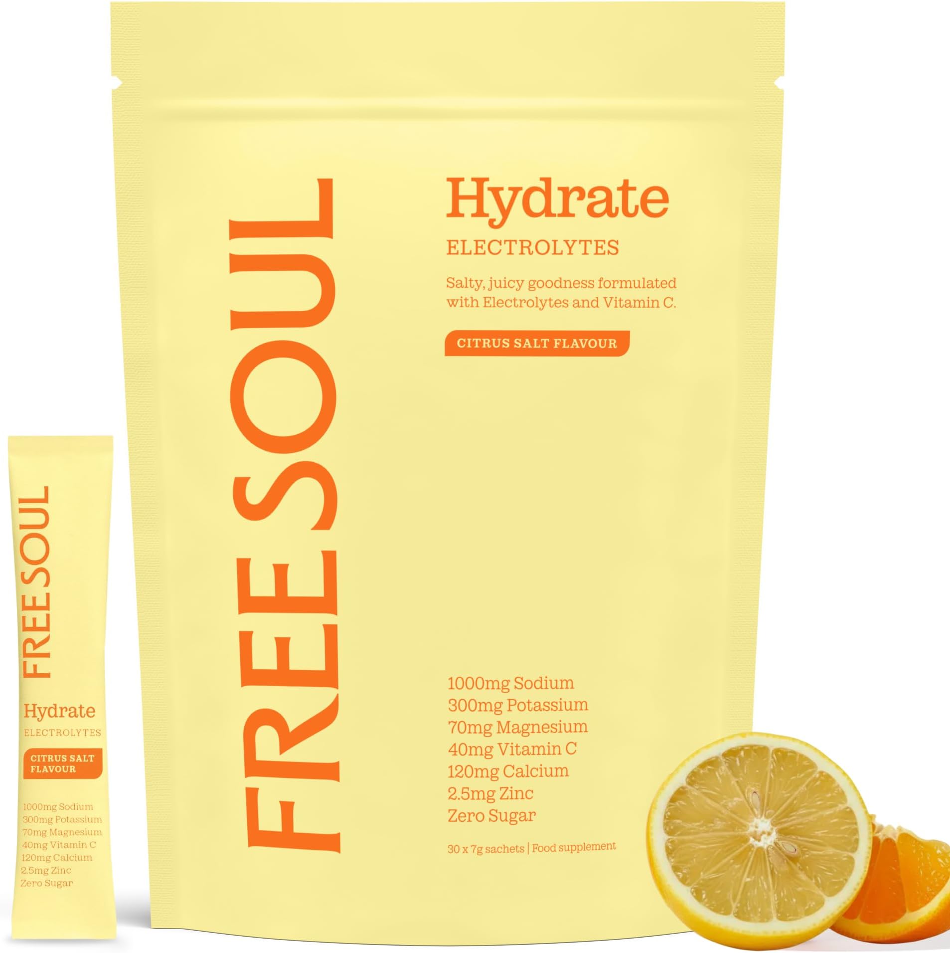 Free Soul Hydrate | Electrolyte Hydration Sachets | Zero Sugar | 30 Sachets | Advanced Electrolyte Powder with Sodium, Magnesium, Vitamin C | Citrus Salt Flavour