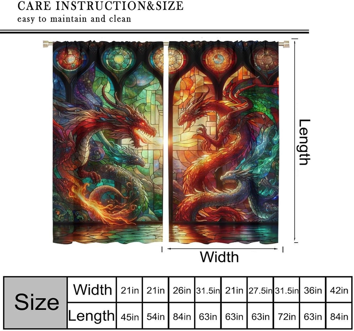 Western Dragon Kids Window Curtains, Stained Glass Green Red Dragon Natural Window Treatments for Boys Girls Bedroom Game Room Window Drapes 42" W X 45" L