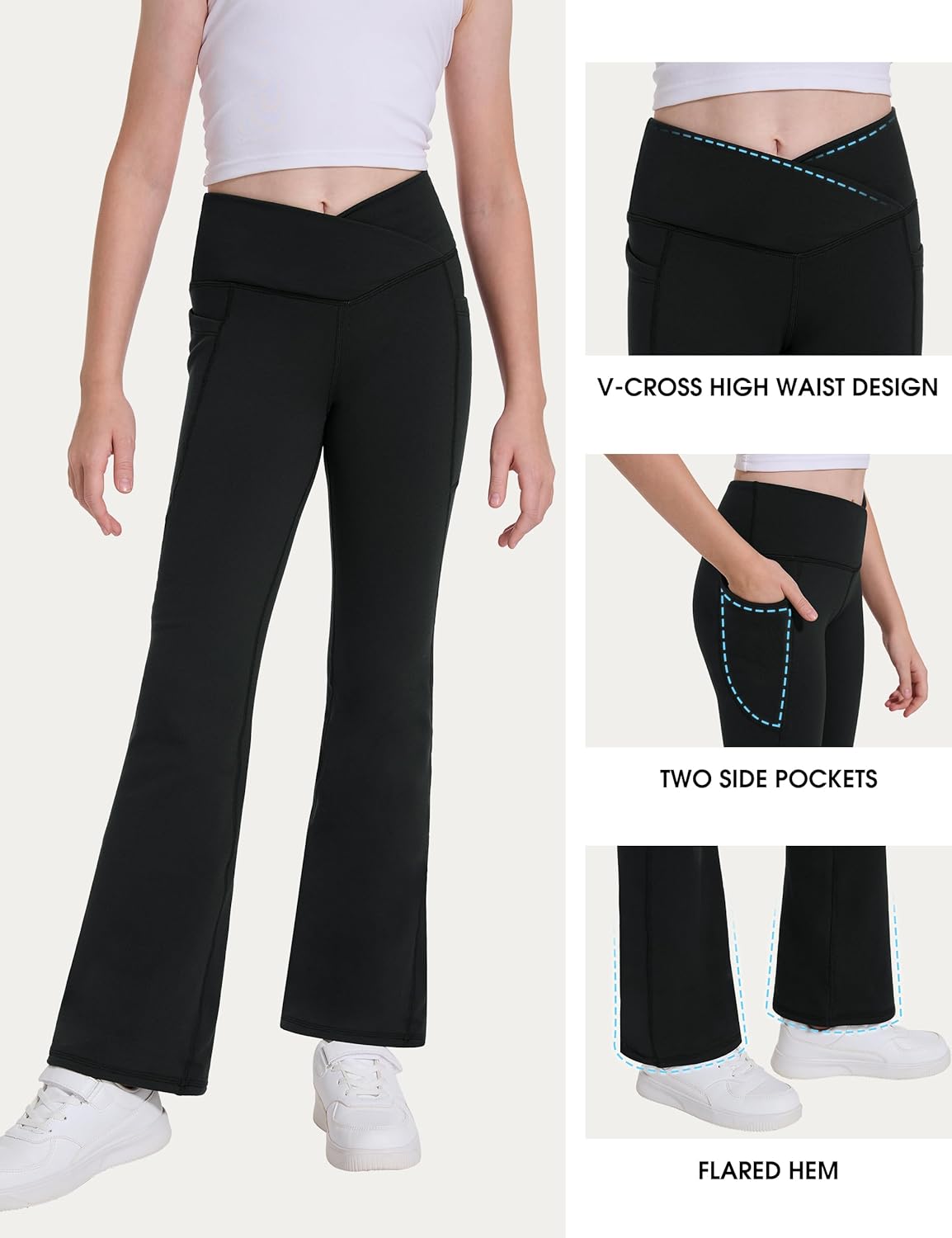 Desol Girl's Fleece Lined Flare Leggings with Pockets Crossover High Waisted Dance Bootcut Yoga Pants for Winter - Image 3