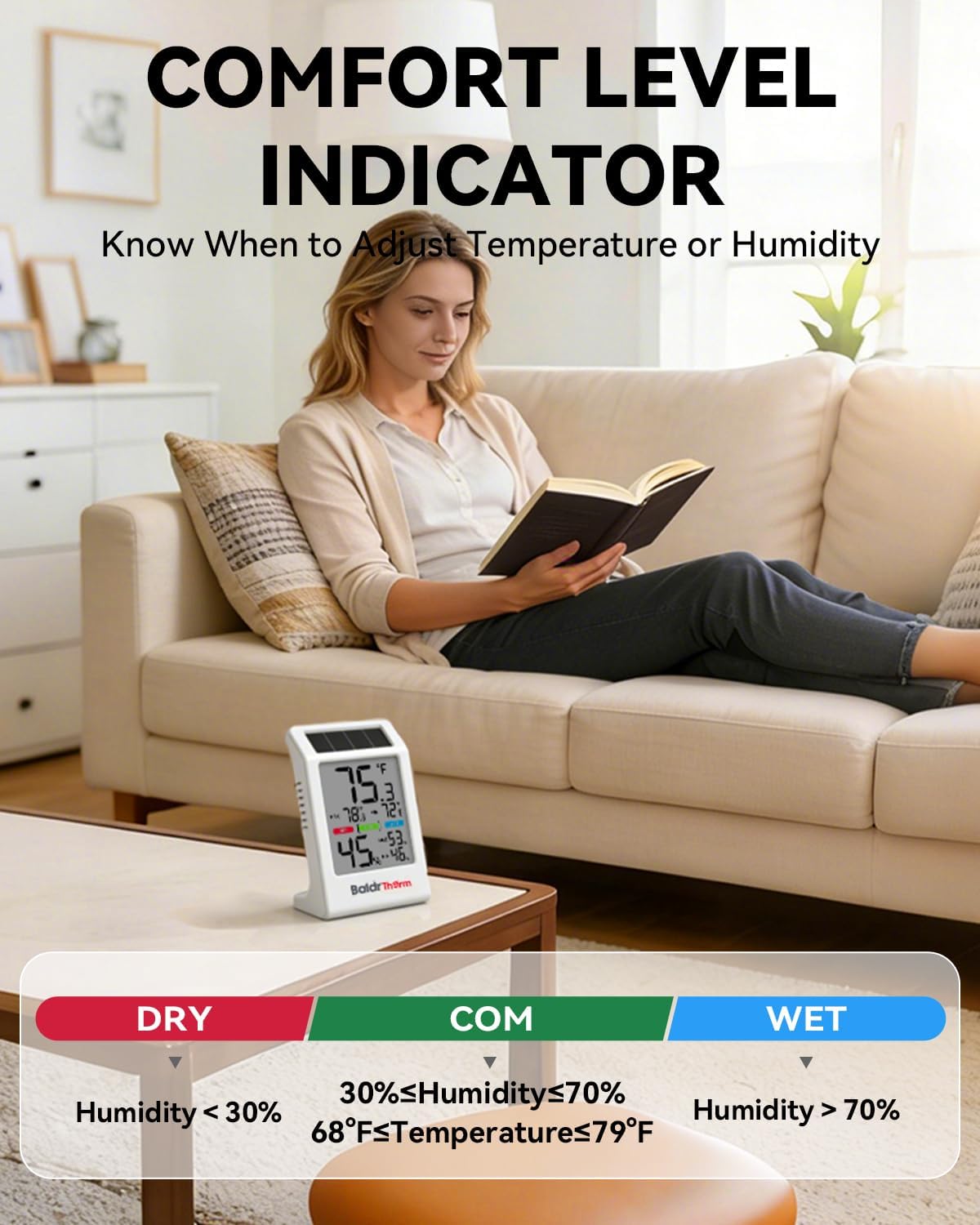 BALDR Indoor Thermometer Hygrometer, Solar Power with Battery Backup, Large Display, Daily Max/Min & Comfort Indicator Humidity Meter
