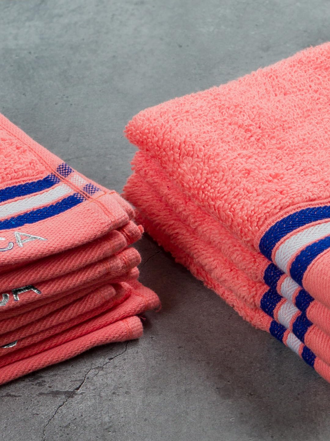 NAUTICA Super Soft Zero Twist 100% Cotton Towel -8pc Face Towel (Vintage Crew Stripe) | 500 GSM | shedds-Coral 2