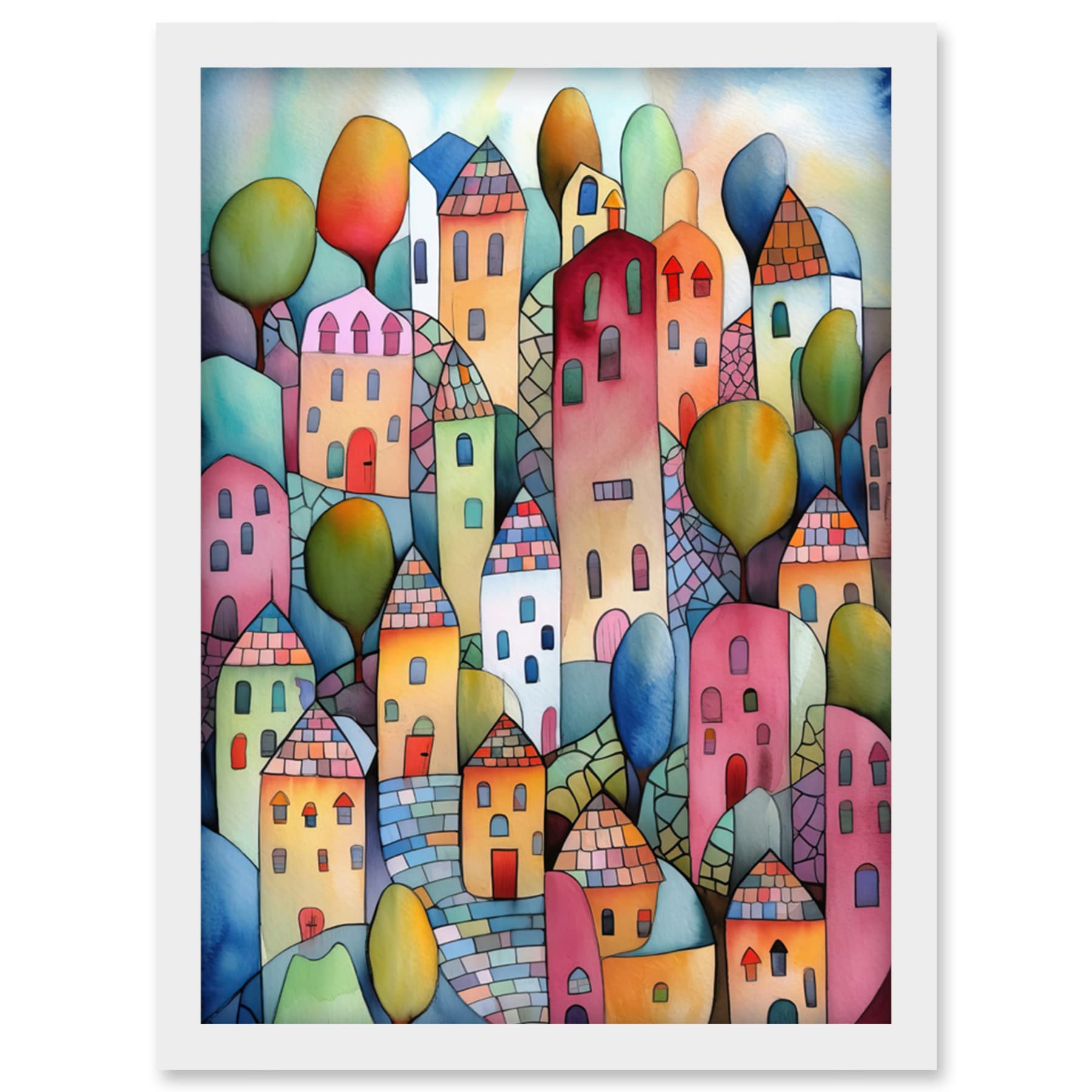 Artery8 Village On The Hill Cobble Streets Folk Art Artwork Framed Wall Art Print A4
