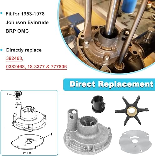 Miniatura 3 de 382468 0382468 Kit de impulsor de bomba de agua apto para Johnson Evinrude BRP OMC 1953-1978 10 15 18 20 25HP Reemplazo para 18-3377 777806