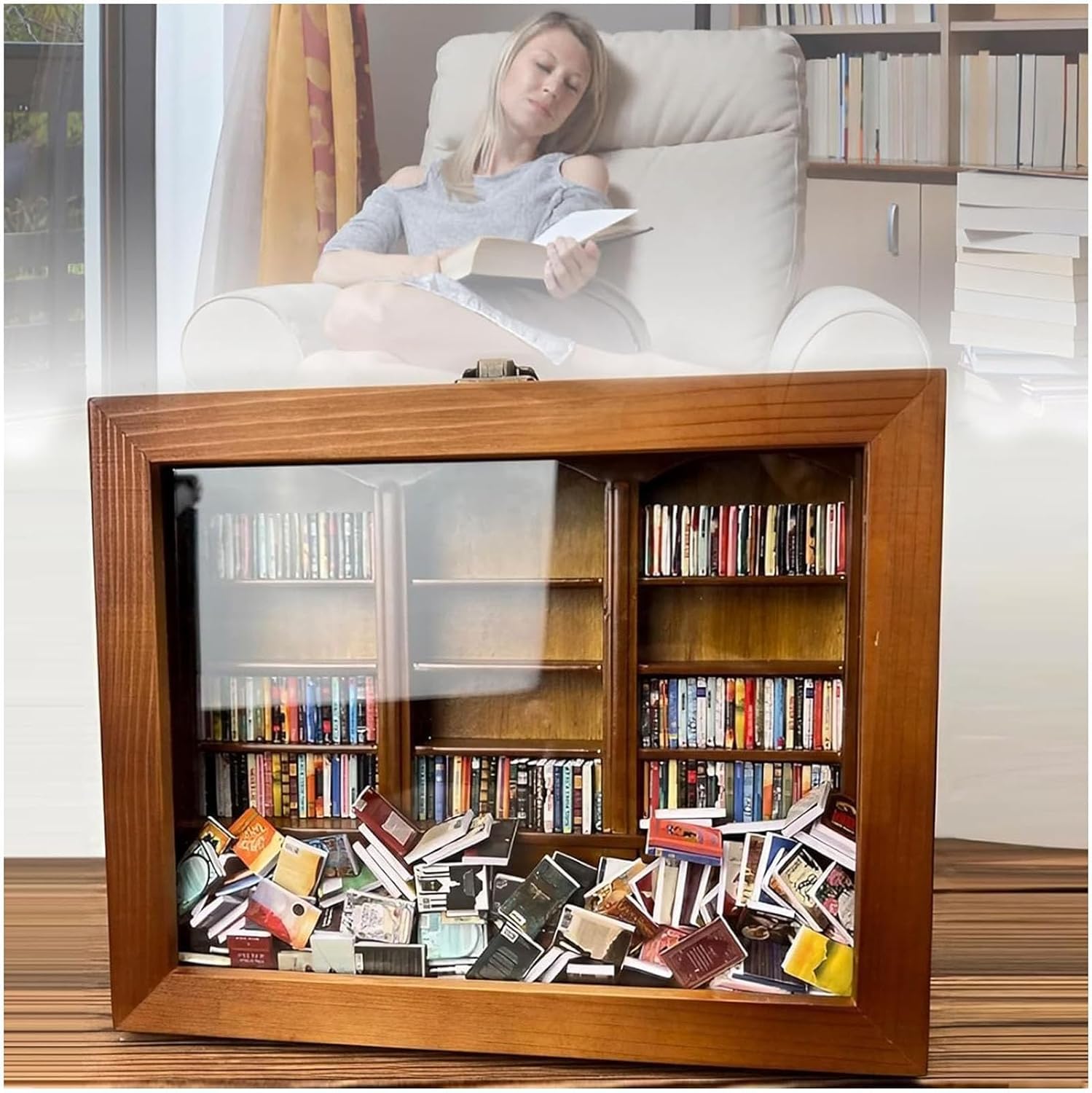 Estantería de ansiedad de madera: mini vitrina de libros para decoración de escritorio