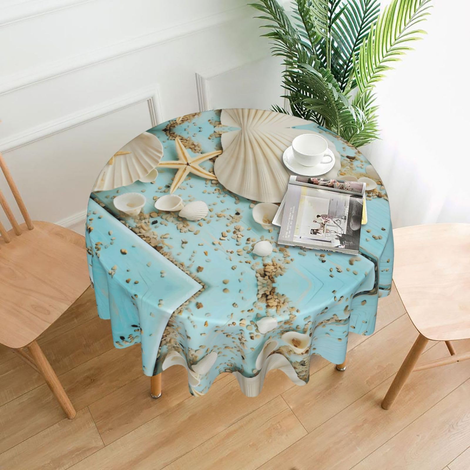 Hjfczh Black Ocean Sea Beach Seashells Starfish Blue Prints Round Table Throw 60 Inch - Waterproof Table Cover - Soft & Wrinkle Resistant Decor Layer For Dinners, Parties & Everyday Use