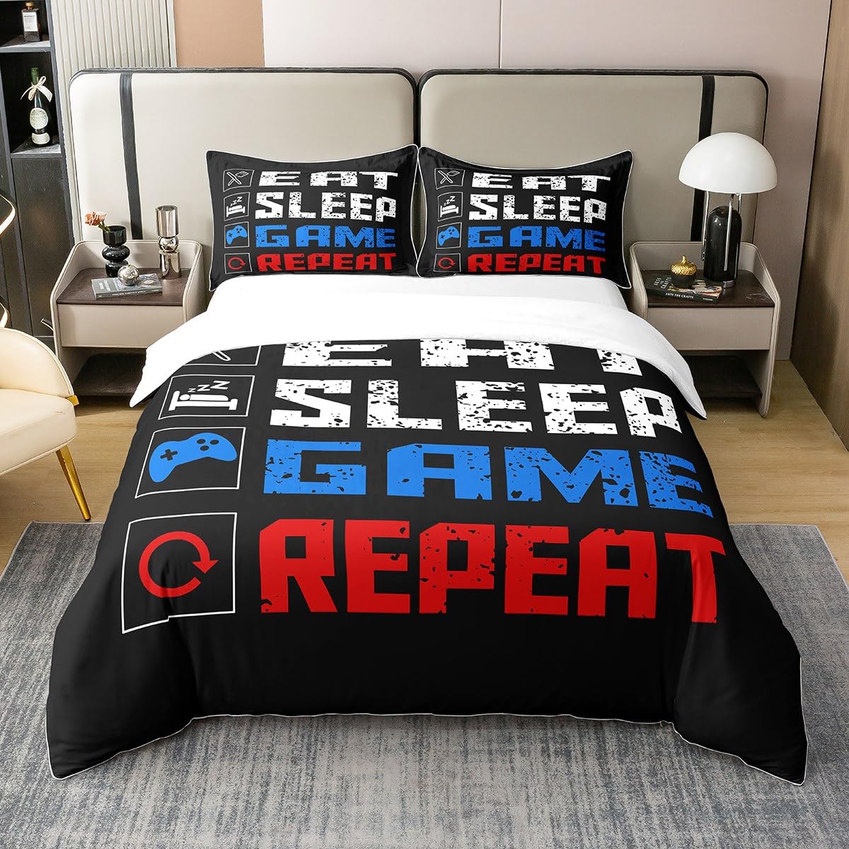 Loussiesd Gaming 100% Cotton Duvet Covers for King Zipper Gamer Video Game Controller Bedding 100% Cotton Set Funny Creative Eat Sleep Game Repeat Design Room Decor Quilt Cover for All Season