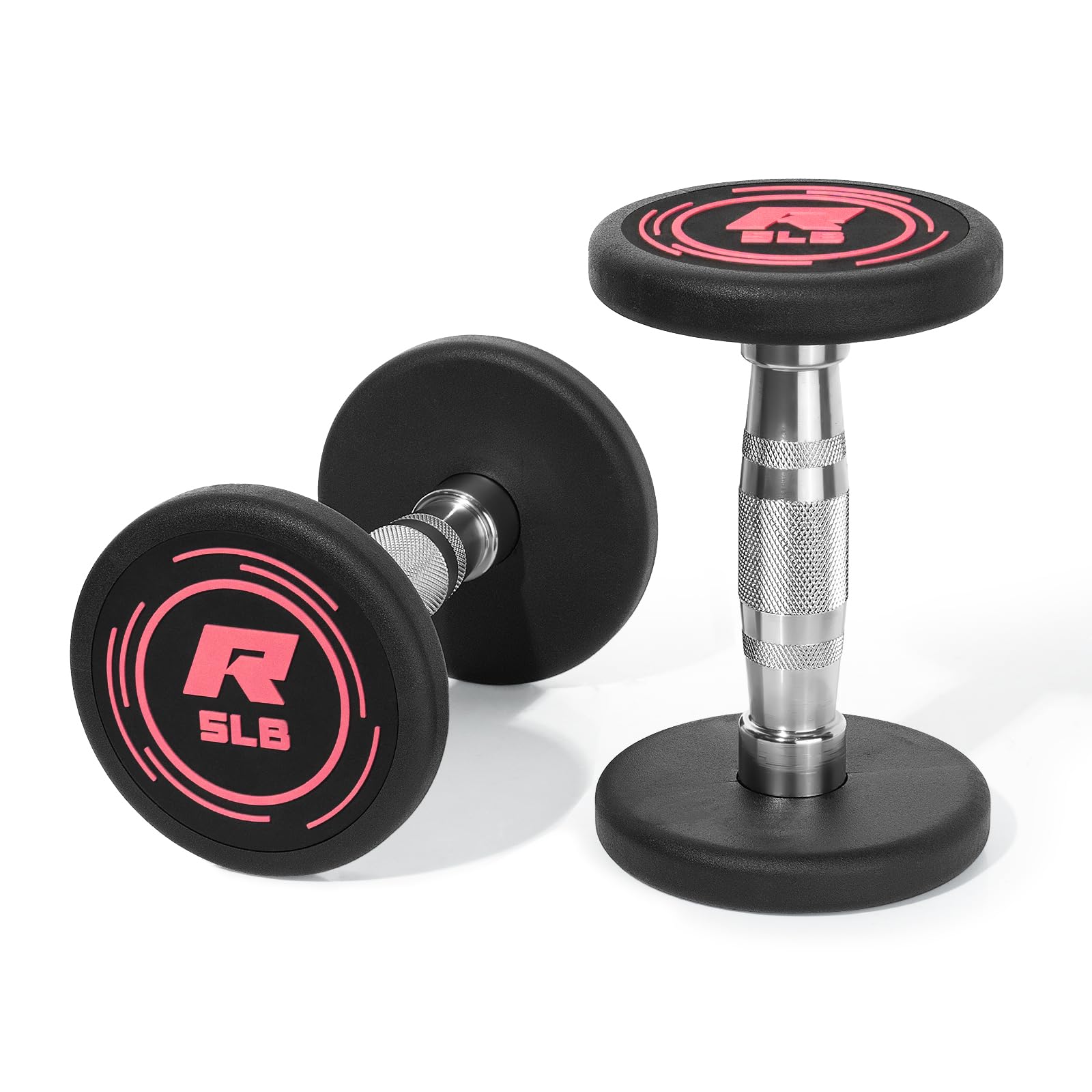 RitFit 5-200 LBS PVC Coated Pink Round Dumbbells Set with Optional Rack and Non-Slip Handle for Home Gym Strength Training and Fitness,5LB