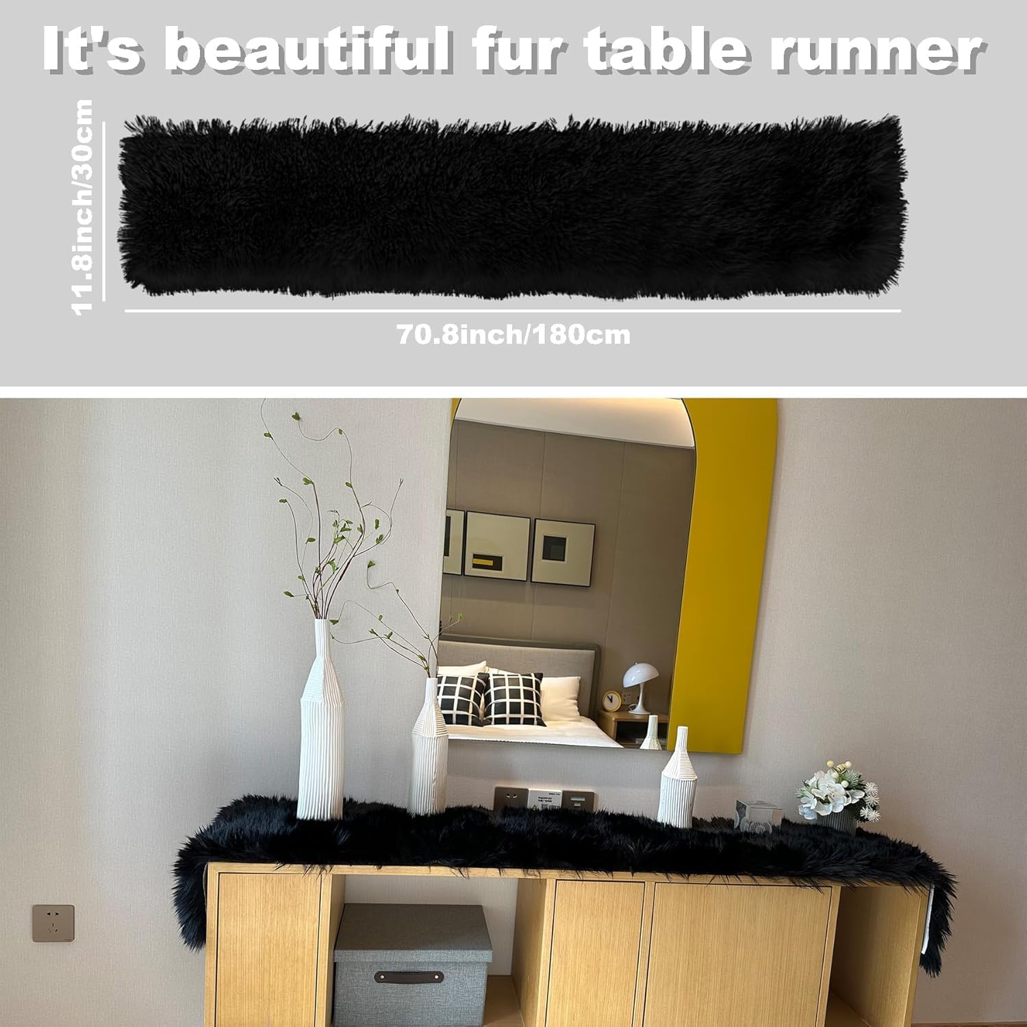 Faux Fur Table Runner, Black Table Runner for Christmas Winter Decor, Luxury Soft Table Runners for Dining Table, Dresser Table, Coffee Table, Wedding & Holiday Party Decor(11.8 x 70.8 Inch)