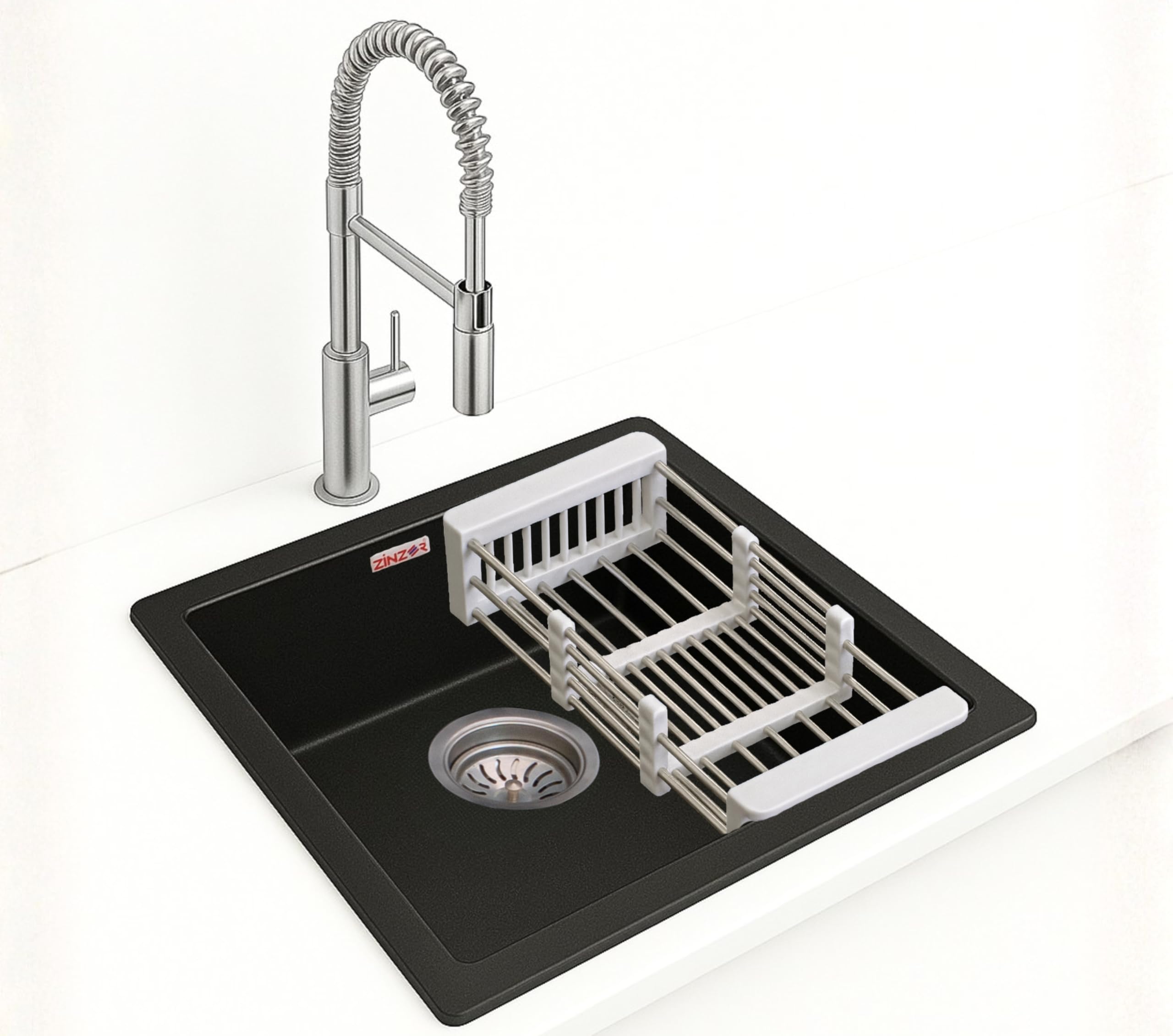 Quartz Sink for Kitchen | Black Granite Single Bowl 16×18, UV Protected, Scratch & Heat Resistant, With Waste Coupling, Waste Pipe & Vegetable Basket